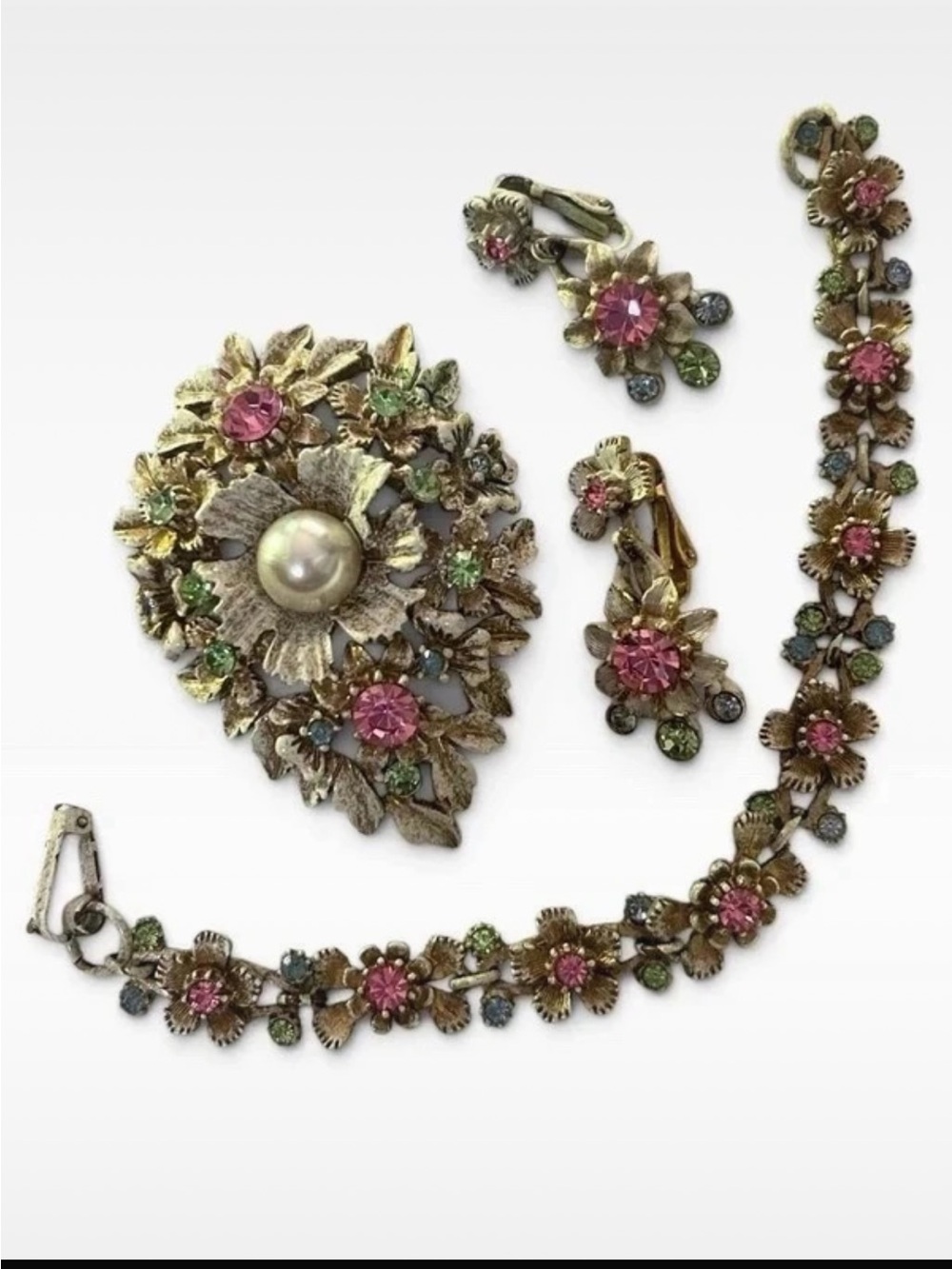 Vintage Signed Florenza Floral Parure Brooch Bracelet Earrings Rhinestone Set